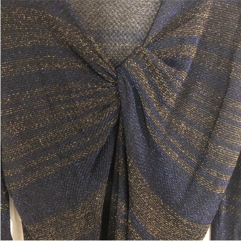 Zara Women Metallic Thread Knit Midi Dress S Black Blue Front Knots Bell sleeve - Picture 6 of 13